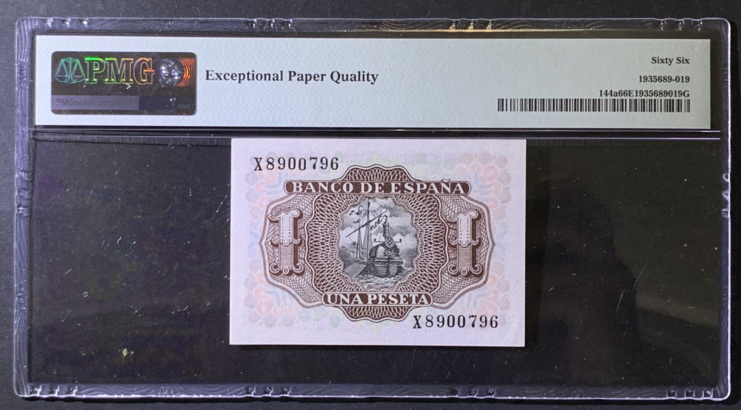 紫瑗钱币——微拍第97期—纸币场 西班牙 1953年 阿尔瓦罗 1比塞塔 PMG 66 EPQ （P-144a）