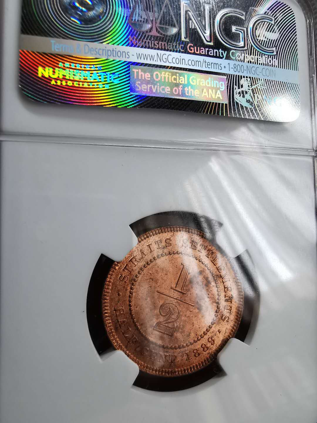 凡希社世界钱币微拍第一百三十期 1889海峡殖民地小维1/2分NGC-MS64原铜光！