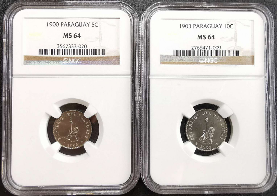 凡希社世界钱币微拍第一百三十期 1900/03巴拉圭狮子与自由帽5分10分一对NGC-MS64原光少见品种！