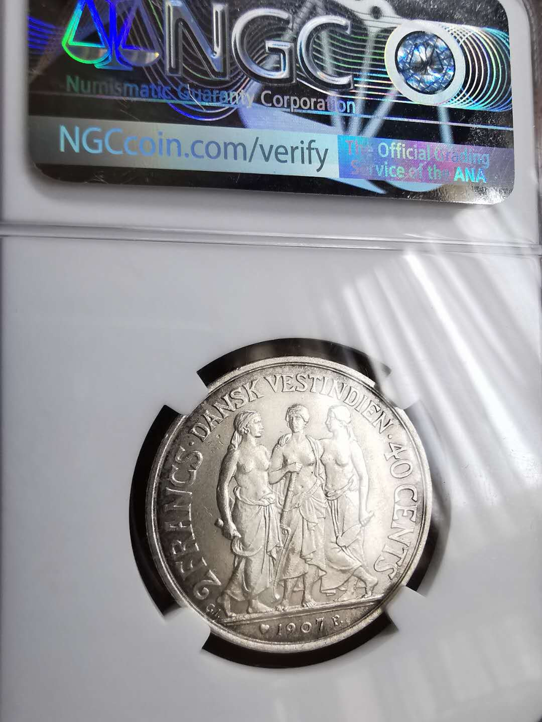 凡希社世界钱币微拍第一百三十期 稀！1907丹属西印度弗里德里克八世40分/2法郎NGC-MS62珍稀品种！