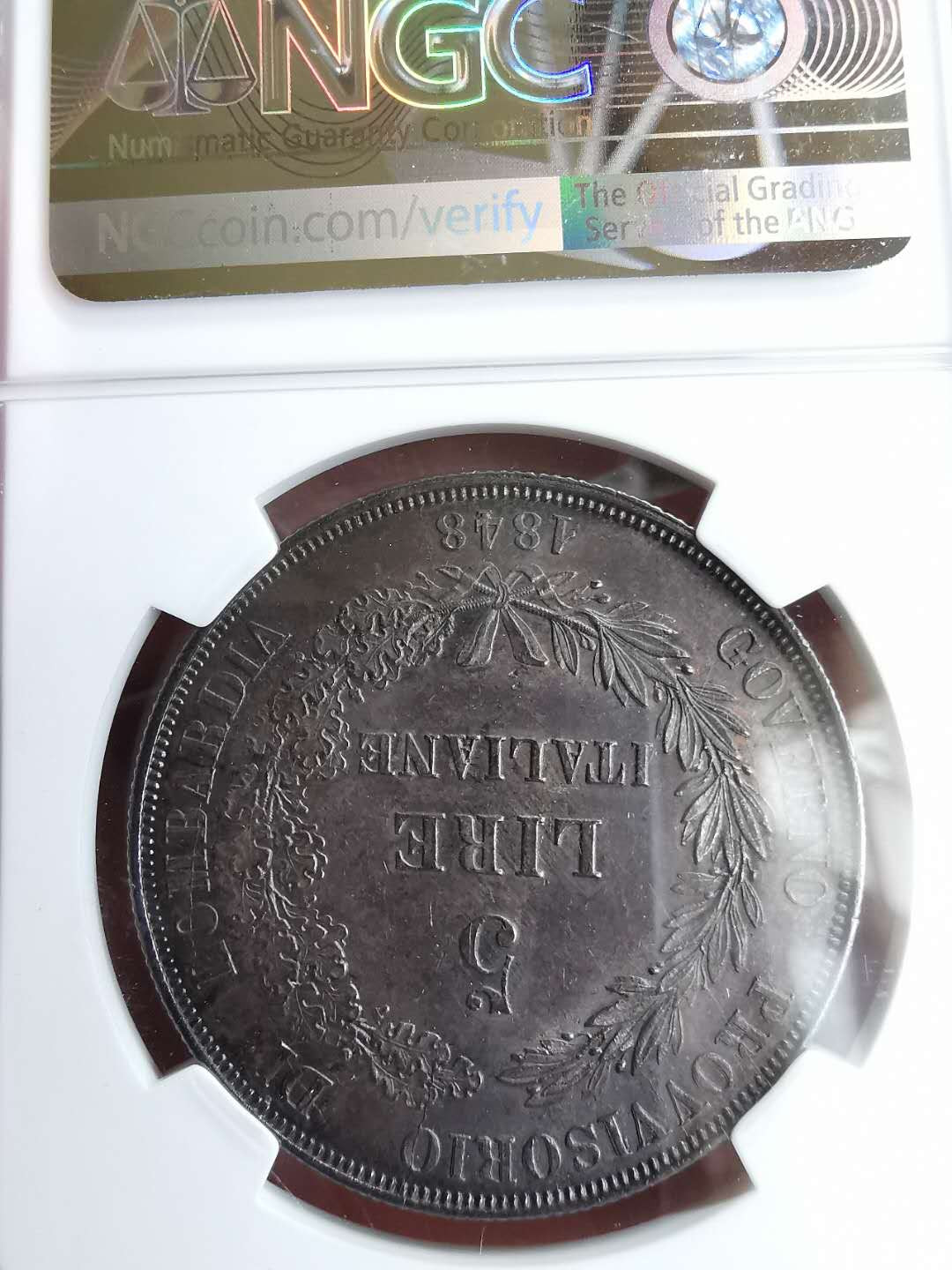 凡希社世界钱币微拍第一百三十期 荐！1848伦巴地革命政府5里拉大银NGC-MS62包浆醇厚！