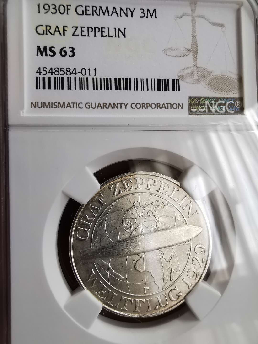 凡希社世界钱币微拍第一百三十期 1930魏玛飞艇3马克NGC-MS63