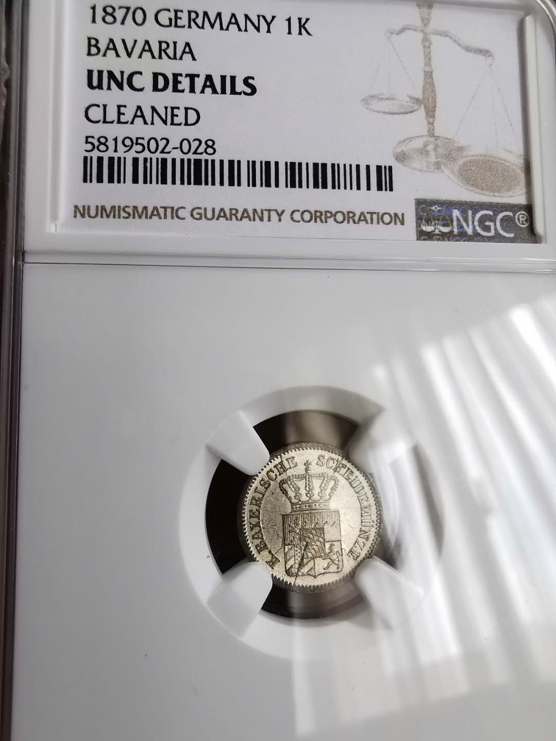 凡希社世界钱币微拍第一百三十期 1870巴伐利亚1K NGC-UNCD