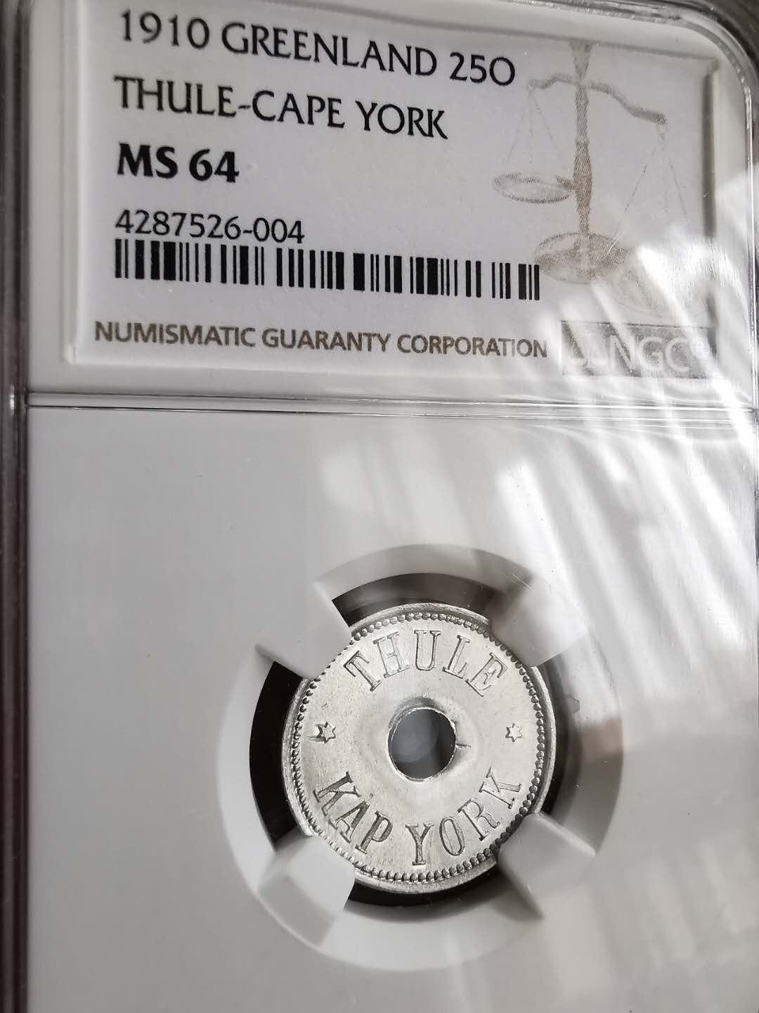 凡希社世界钱币微拍第一百三十期 1910格陵兰中孔代用25欧尔NGC-MS64少见！