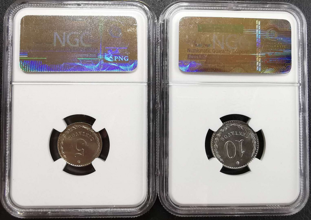 凡希社世界钱币微拍第一百三十期 1900/03巴拉圭狮子与自由帽5分10分一对NGC-MS64原光少见品种！