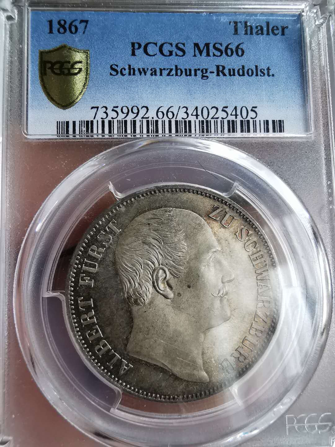 凡希社世界钱币微拍第一百三十期 稀！1867施瓦茨堡泰勒PCGS-MS66包浆绝美顶级品！