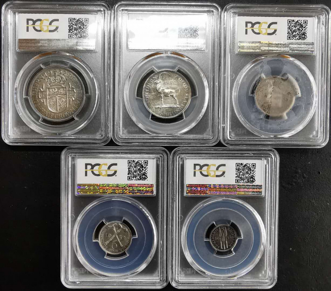 凡希社世界钱币微拍第一百三十期 稀！1932英属南罗得西亚乔五PS精铸五枚PCGS-PF64/66高分五彩！