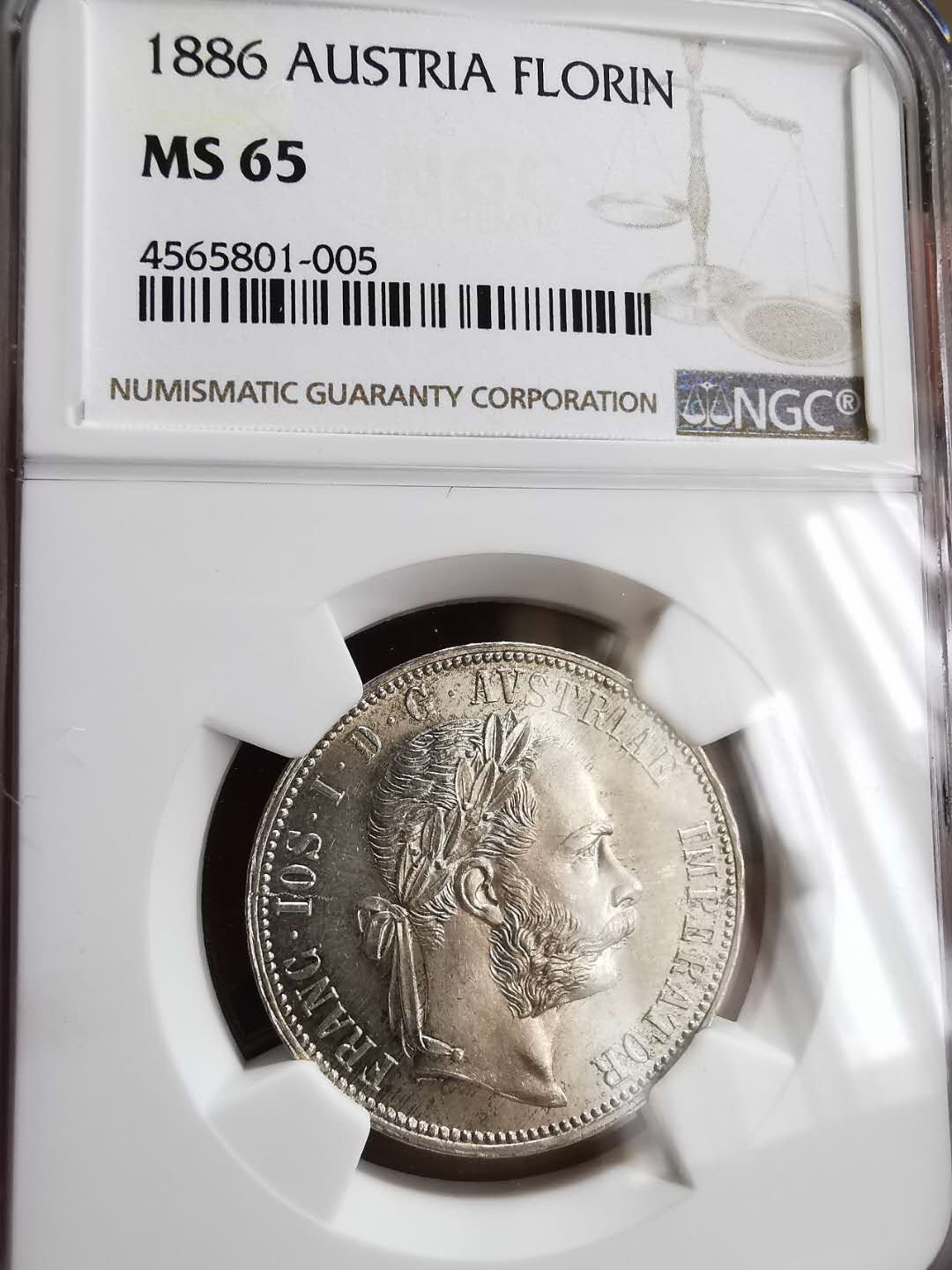 凡希社世界钱币微拍第一百三十期 1886奥地利双头鹰佛罗林NGC-MS65收藏级！