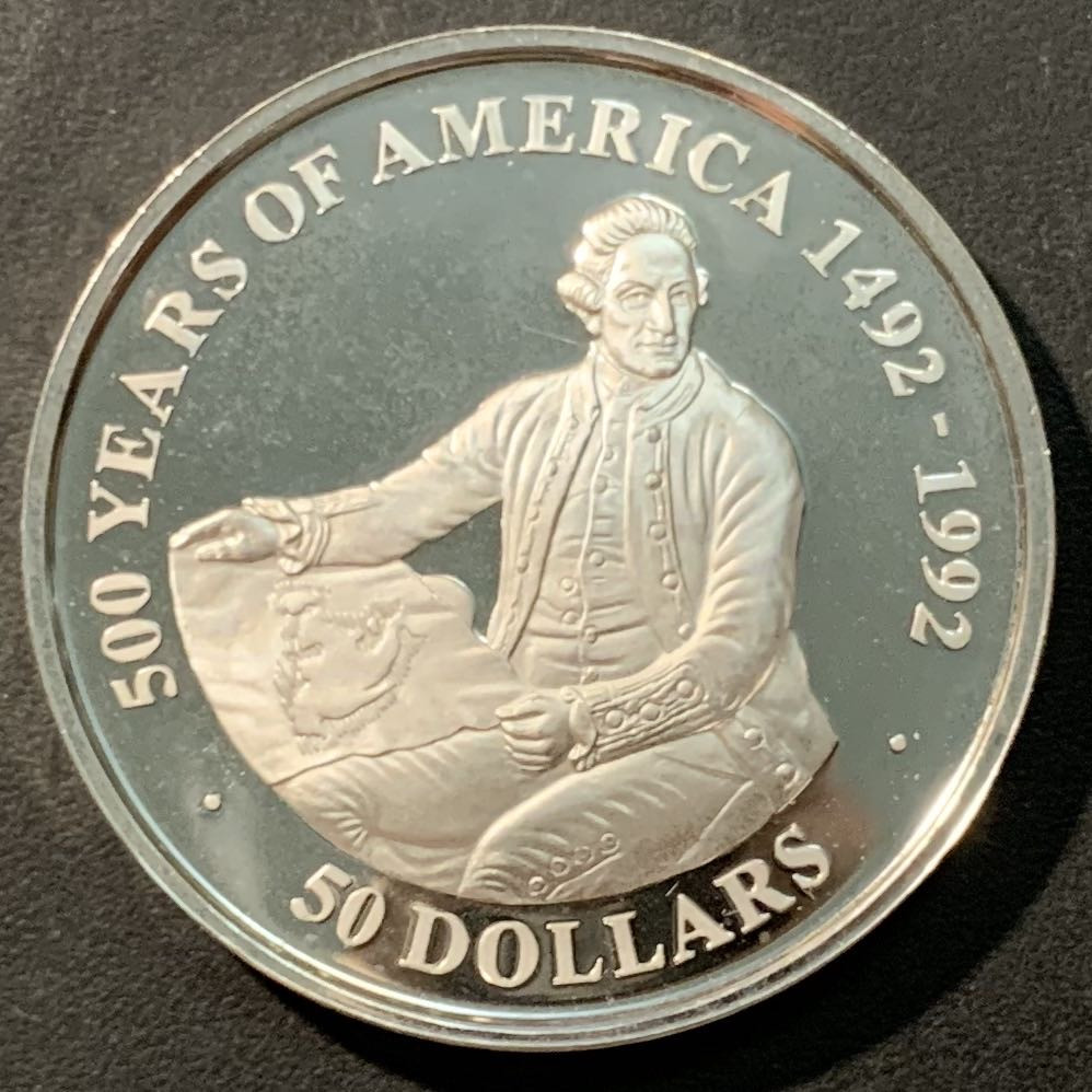 紫瑗钱币——微拍第98期 库克群岛 1991年 美洲发现500周年系列 阿兹特克牧师 50元 31.1克 0.925银 精制