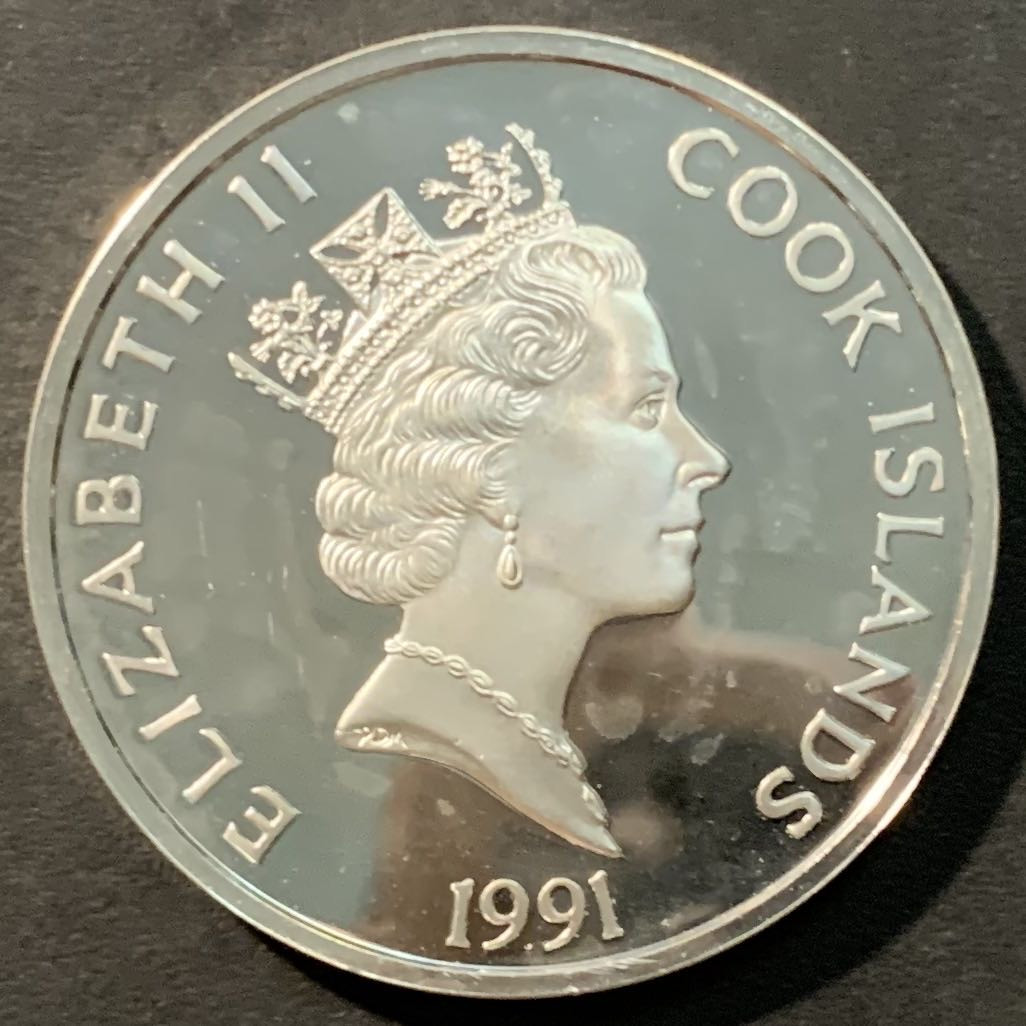 紫瑗钱币——微拍第98期 库克群岛 1991年 美洲发现500周年系列 五月花号和朝圣者 50元 31.1克 0.925银 精制