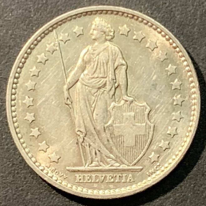紫瑗钱币——微拍第98期 瑞士 1967年B 赫尔维蒂女神 1法郎 5克 0.835银