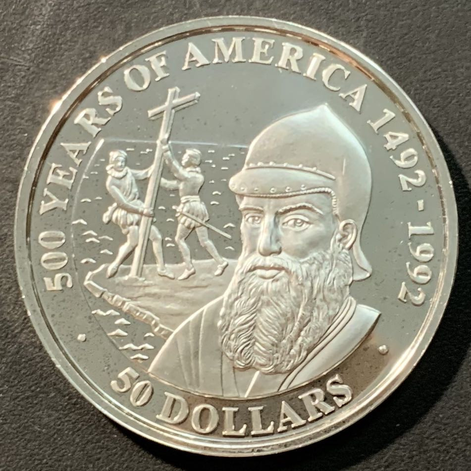 紫瑗钱币——微拍第98期 库克群岛 1990年 美洲发现500周年系列  卡布拉尔 50元 31.1克 0.925银 精制