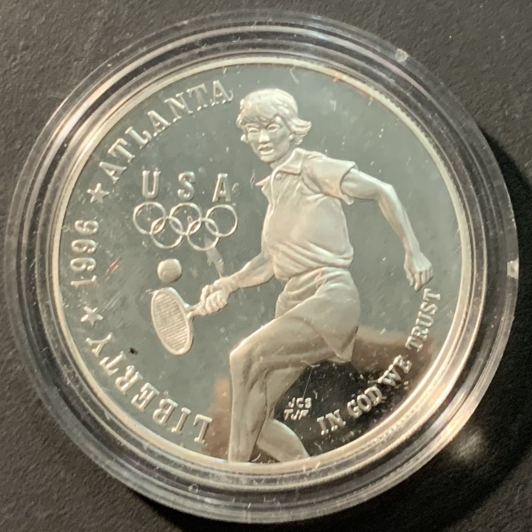 紫瑗钱币——微拍第98期 美国 1996年 亚特兰大奥运会 网球  1元  26.73克 0.9银 精制 原盒