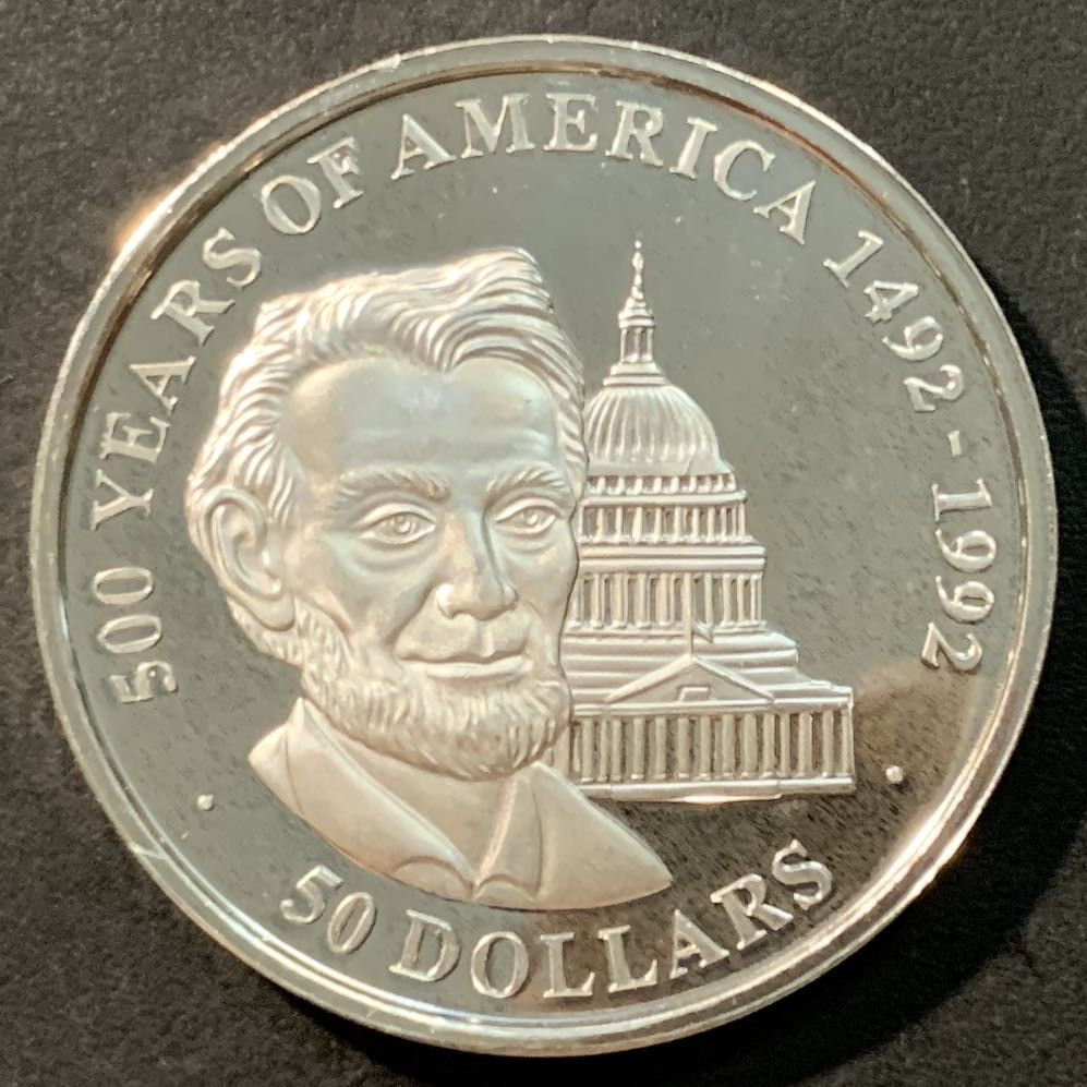 紫瑗钱币——微拍第98期 库克群岛 1990年 美洲发现500周年系列 亚伯拉罕·林肯总统 50元 31.1克 0.925银 精制