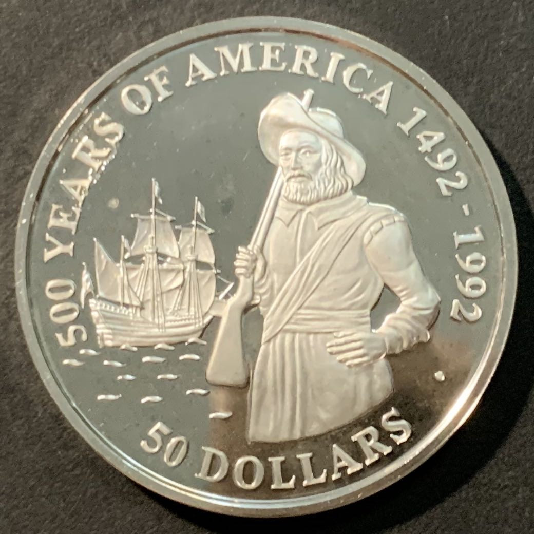 紫瑗钱币——微拍第98期 库克群岛 1990年 美洲发现500周年系列  亨利·哈德森 50元 31.1克 0.925银 精制