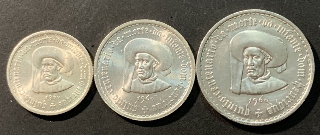 紫瑗钱币——微拍第98期 葡萄牙 1960年 亨利王子500周年  5 10 20埃斯库多 三枚一套 共40.5克 0.835银