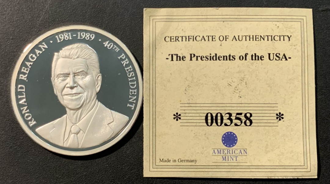 紫瑗钱币——微拍第98期 美国 1998年 第40任总统 罗纳德·里根 银章 20克 0.999银 精制 带证书