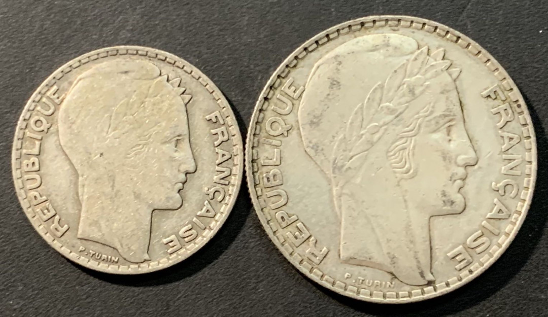 紫瑗钱币——微拍第98期 法国 1933年 自由女神 10 20法郎 1对 共30克 0.68银