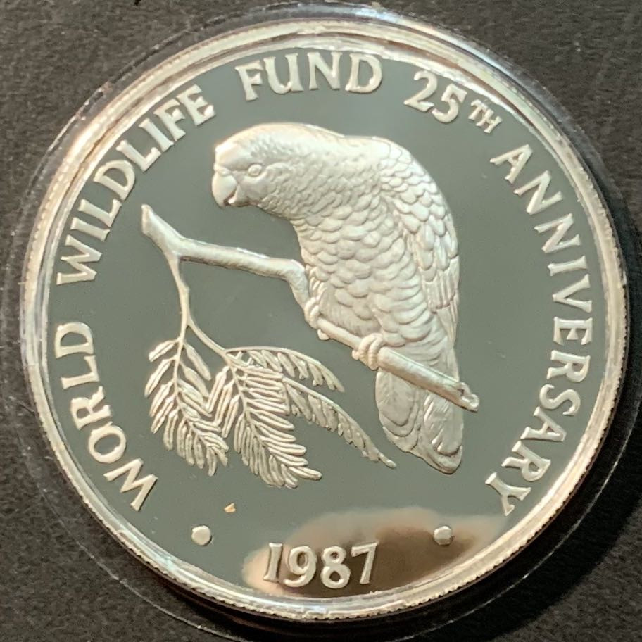 紫瑗钱币——微拍第98期 开曼群岛 1987年 WWF世界濒危野生动物 金刚鹦鹉 5元 28.28克 0.925银 精制 