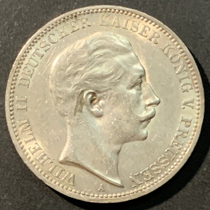 紫瑗钱币——微拍第98期 德国 普鲁士 1909年 威廉二世 3马克 16.67克 0.9银 AU品质