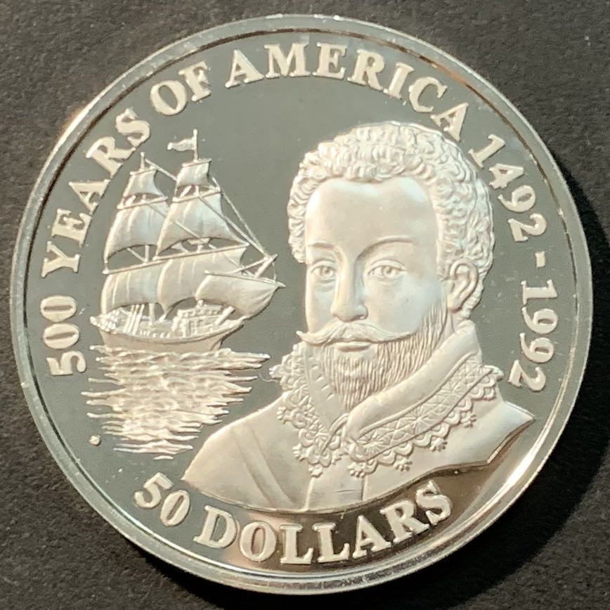 紫瑗钱币——微拍第98期 库克群岛 1990年 美洲发现500周年系列  弗朗西斯·德雷克 50元 31.1克 0.925银 精制