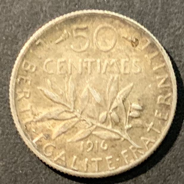 紫瑗钱币——微拍第98期 法国 1916年 播种女神 50分 2.5克 0.835银 好包浆