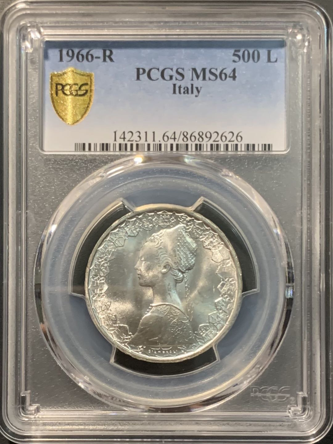 紫瑗钱币——微拍第98期 意大利 1966年 少女与帆船 500里拉 11克 0.835银 PCGS MS64