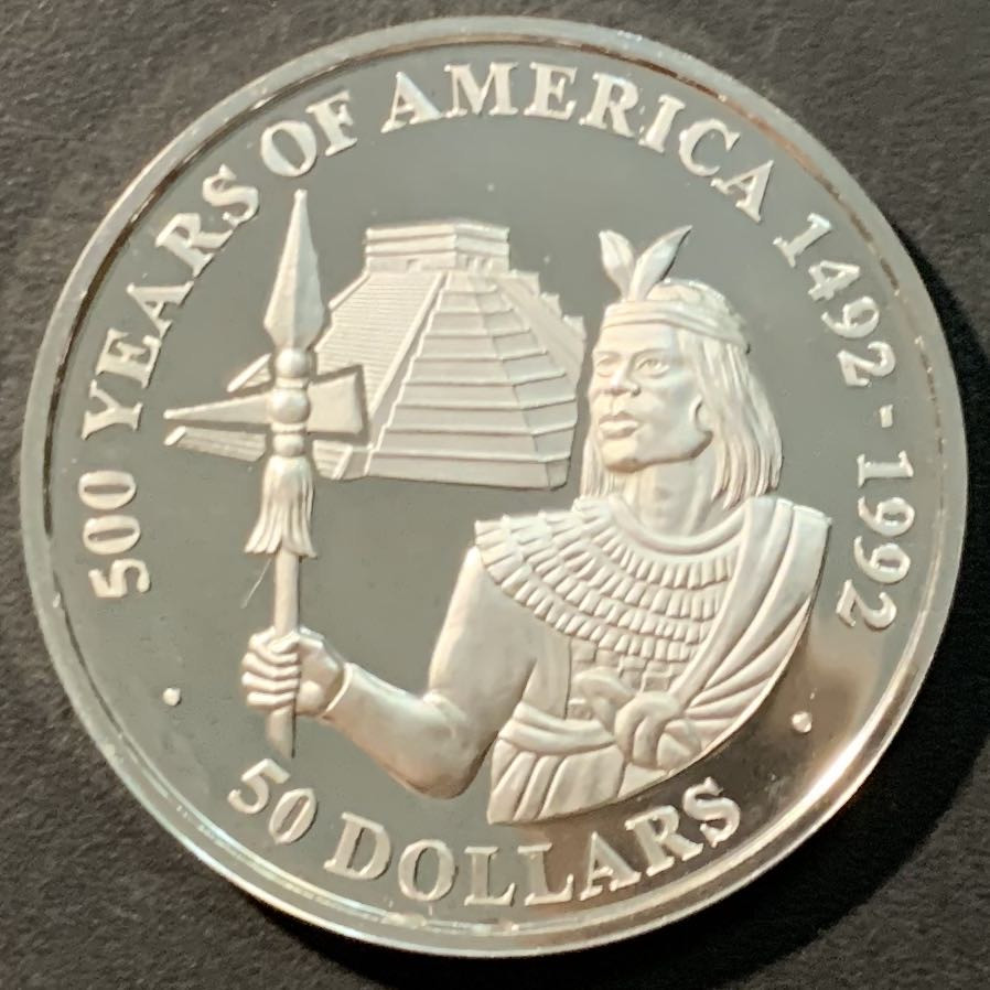 紫瑗钱币——微拍第98期 库克群岛 1990年 美洲发现500周年系列 印加王子 50元 31.1克 0.925银 精制