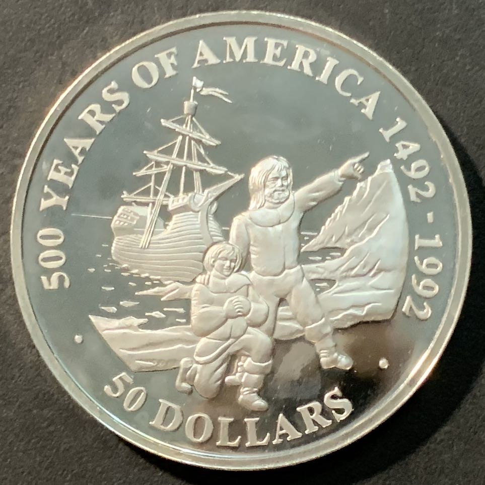 紫瑗钱币——微拍第98期 库克群岛 1991年 美洲发现500周年系列 五月花号和朝圣者 50元 31.1克 0.925银 精制
