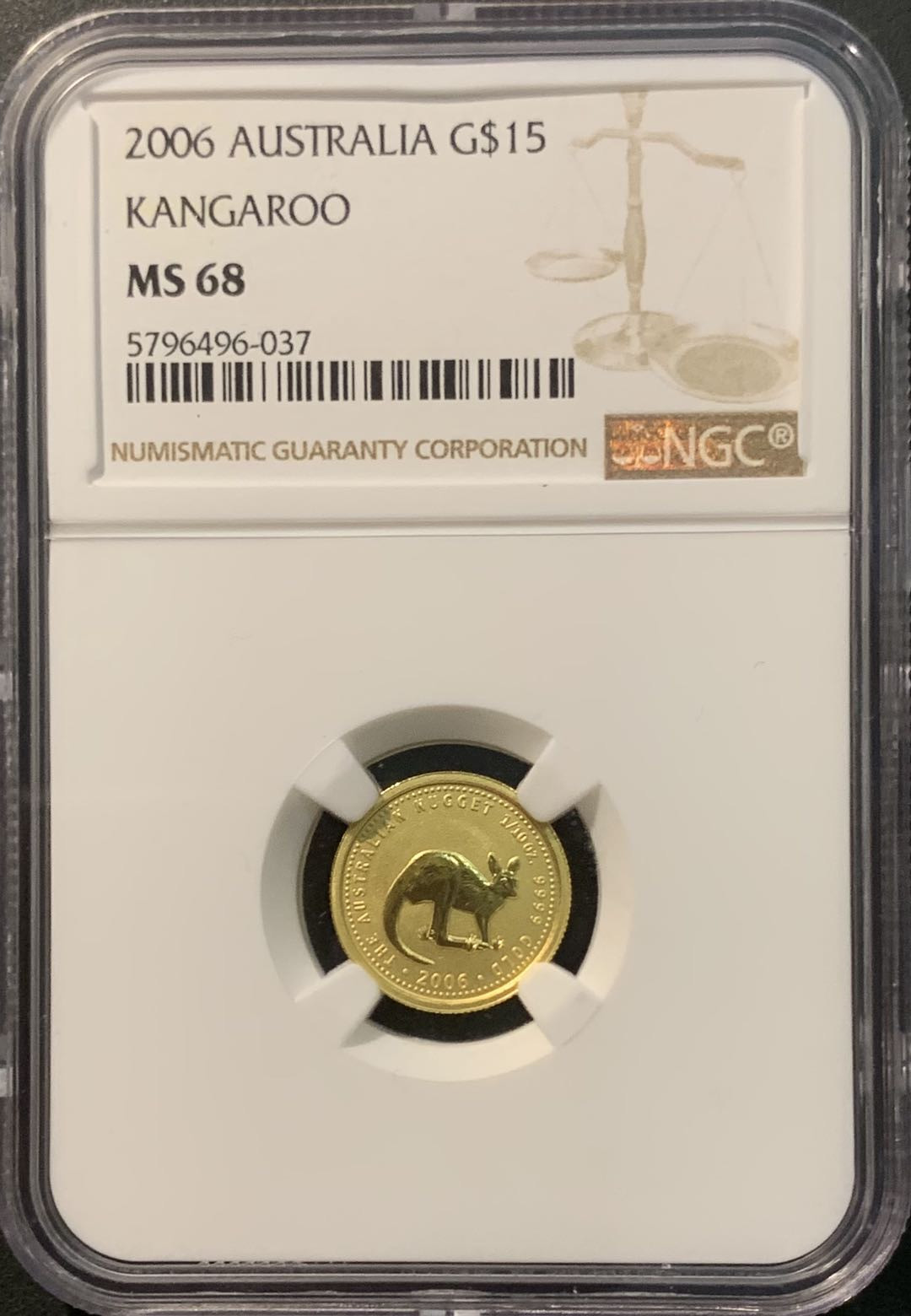紫瑗钱币——微拍第98期 澳大利亚 2006年 袋鼠 15元 1/10盎司 3.11克 0.9999金 NGC MS68