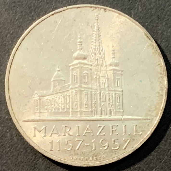 紫瑗钱币——微拍第98期 奥地利 1957年 玛利亚泽尔大教堂 25先令 13克 0.8银
