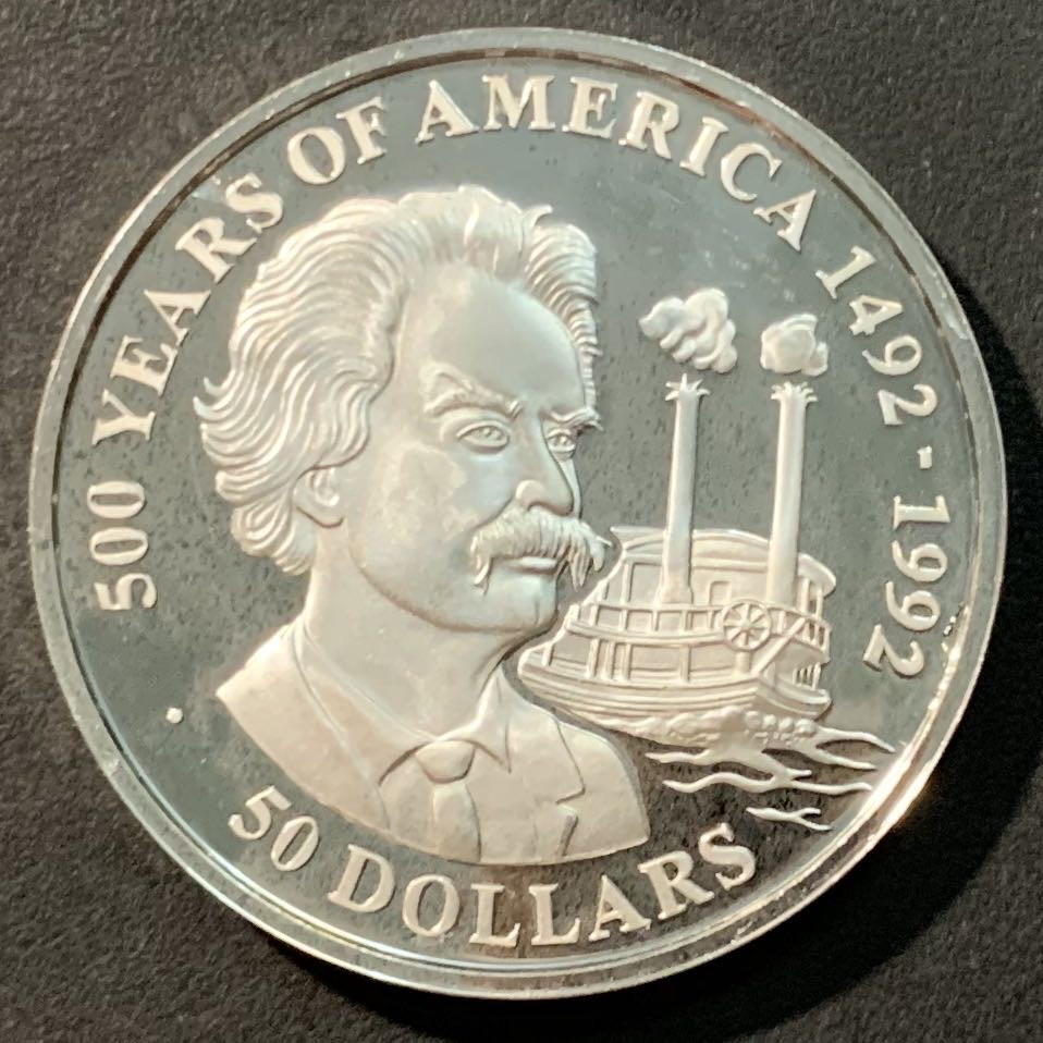 紫瑗钱币——微拍第98期 库克群岛 1990年 美洲发现500周年系列  塞缪尔·克莱门斯 50元 31.1克 0.925银 精制