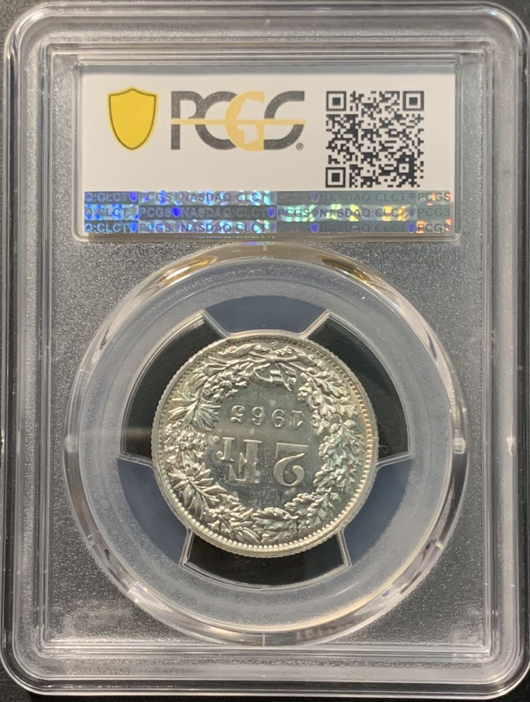 紫瑗钱币——微拍第98期 瑞士 1965年B 赫尔维蒂女神 2法郎 10克 0.835银 PCGS MS65