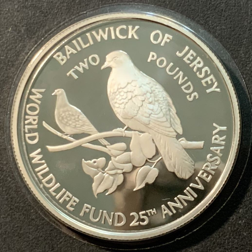 紫瑗钱币——微拍第98期 泽西岛 1987年 WWF野生动物基金会25周年 白鸽 2磅 28.28克 0.925银 精制