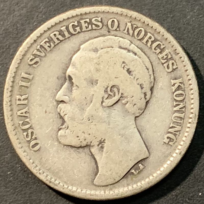 紫瑗钱币——微拍第98期 瑞典 1876年 奥斯卡二世 2克朗 银币 15克 0.8银 少见年份