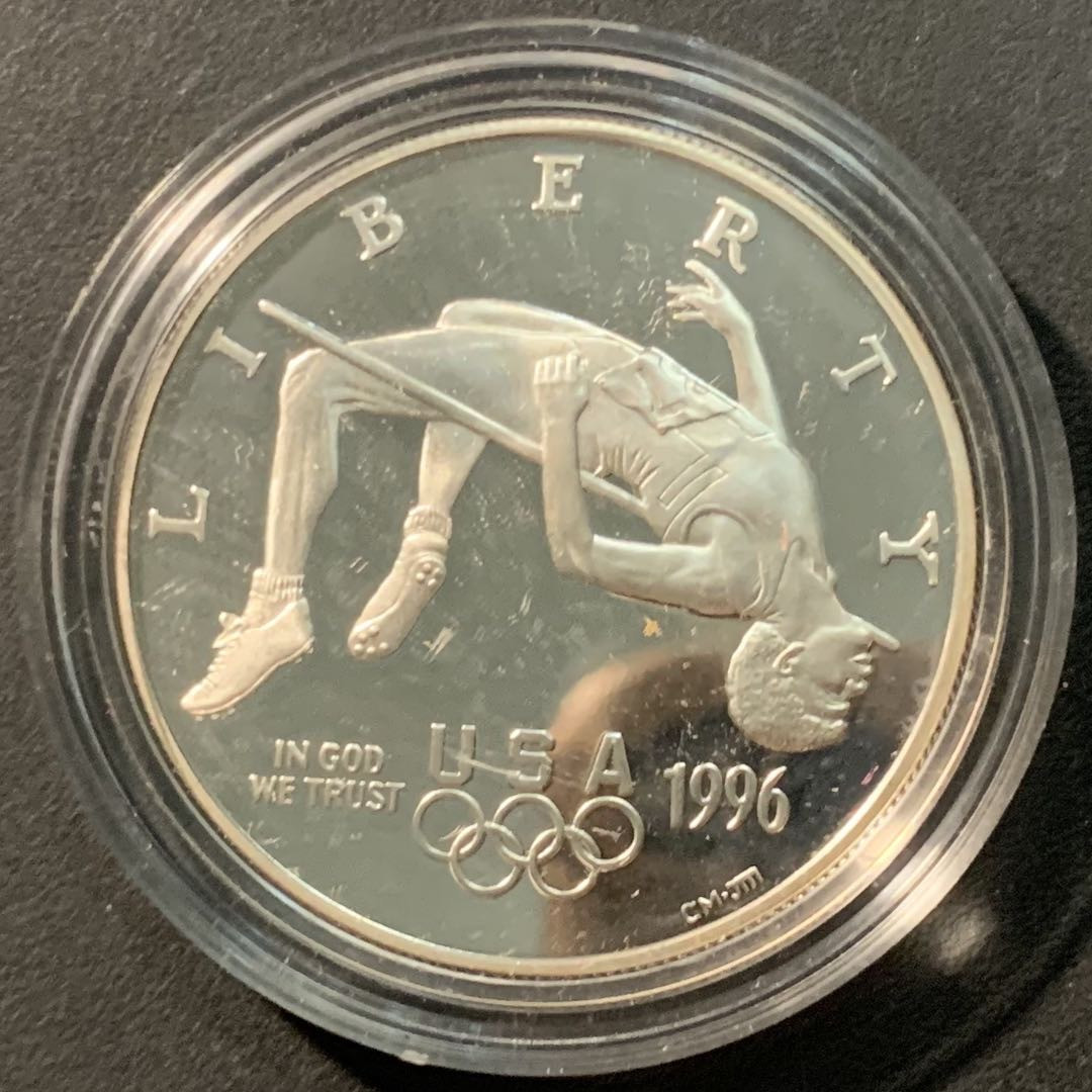 紫瑗钱币——微拍第98期 美国 1996年 亚特兰大奥运会 跳高  1元 26.73克 0.9银 精制 原盒