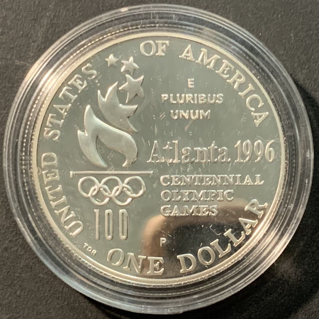 紫瑗钱币——微拍第98期 美国 1996年 亚特兰大奥运会 跳高  1元 26.73克 0.9银 精制 原盒