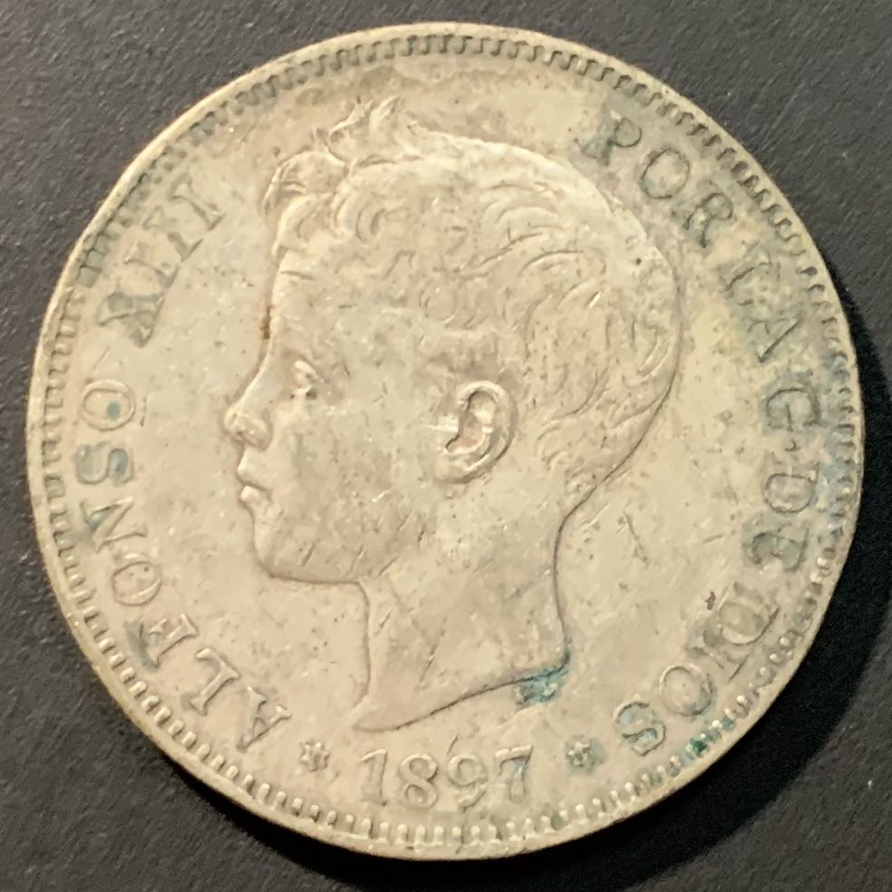 紫瑗钱币——微拍第98期 西班牙 1897年 阿方索十三世 小孩头 5比塞塔 25克 0.9银 