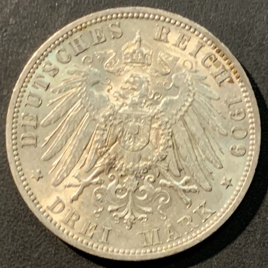 紫瑗钱币——微拍第98期 德国 普鲁士 1909年 威廉二世 3马克 16.67克 0.9银 AU品质