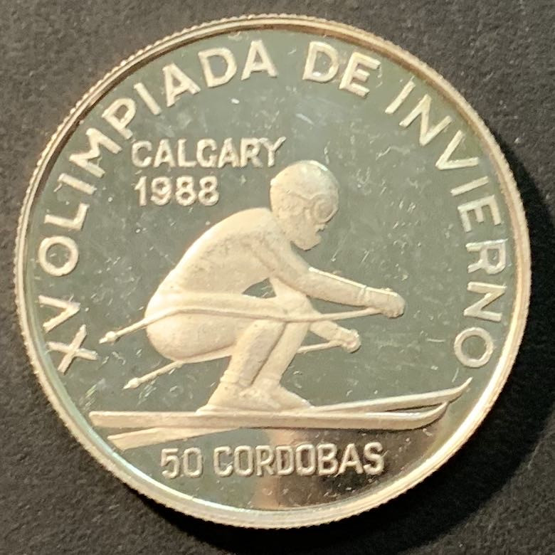 紫瑗钱币——微拍第98期 尼加拉瓜 1988年 卡尔加里冬奥会 滑雪 50科多巴 16.6克 0.825银 精制