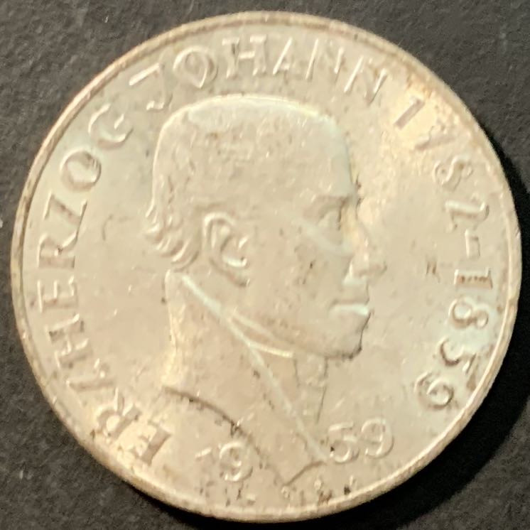 紫瑗钱币——微拍第98期 奥地利 1959年  约翰大公逝世100周年 25先令 13克 0.8银