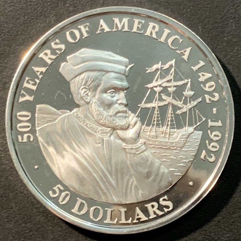 紫瑗钱币——微拍第98期 库克群岛 1990年 美洲发现500周年系列  雅克·卡特 50元 31.1克 0.925银 精制