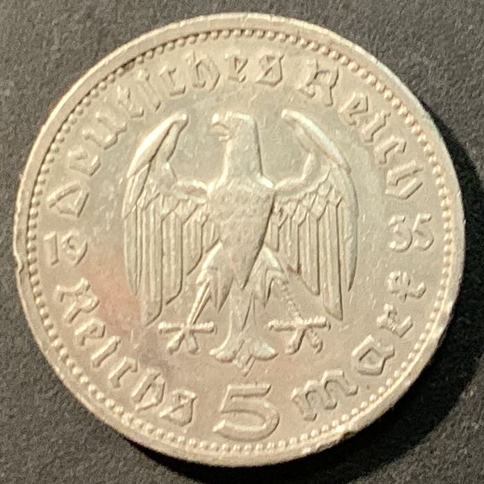 紫瑗钱币——微拍第98期 德国 1935年 兴登堡 5马克 13.9克 0.9银