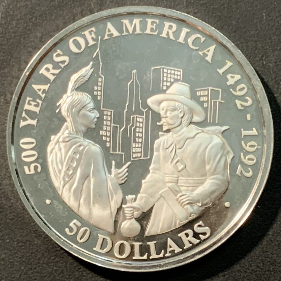 紫瑗钱币——微拍第98期 库克群岛 1991年 美洲发现500周年系列 彼得·米努伊特购买曼哈顿岛 50元 31.1克 0.925银 精制