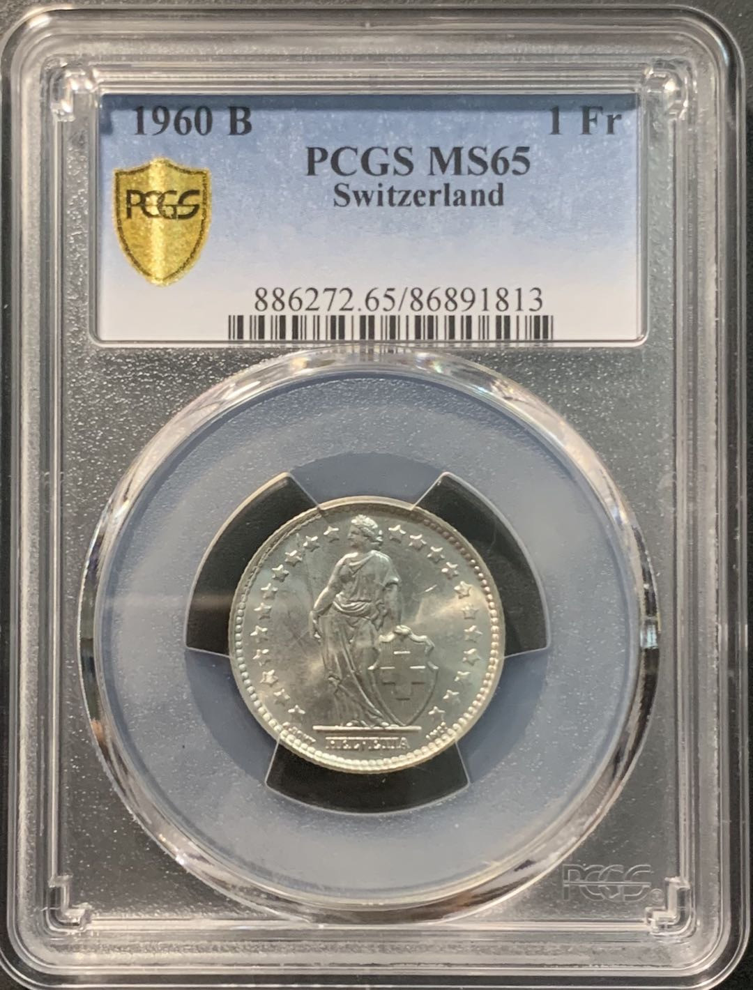 紫瑗钱币——微拍第98期 瑞士 1960年B 赫尔维蒂女神 1法郎 5克 0.835银 PCGS MS65