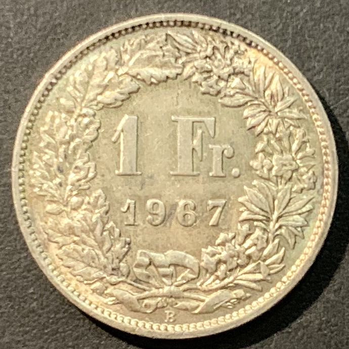 紫瑗钱币——微拍第98期 瑞士 1967年B 赫尔维蒂女神 1法郎 5克 0.835银