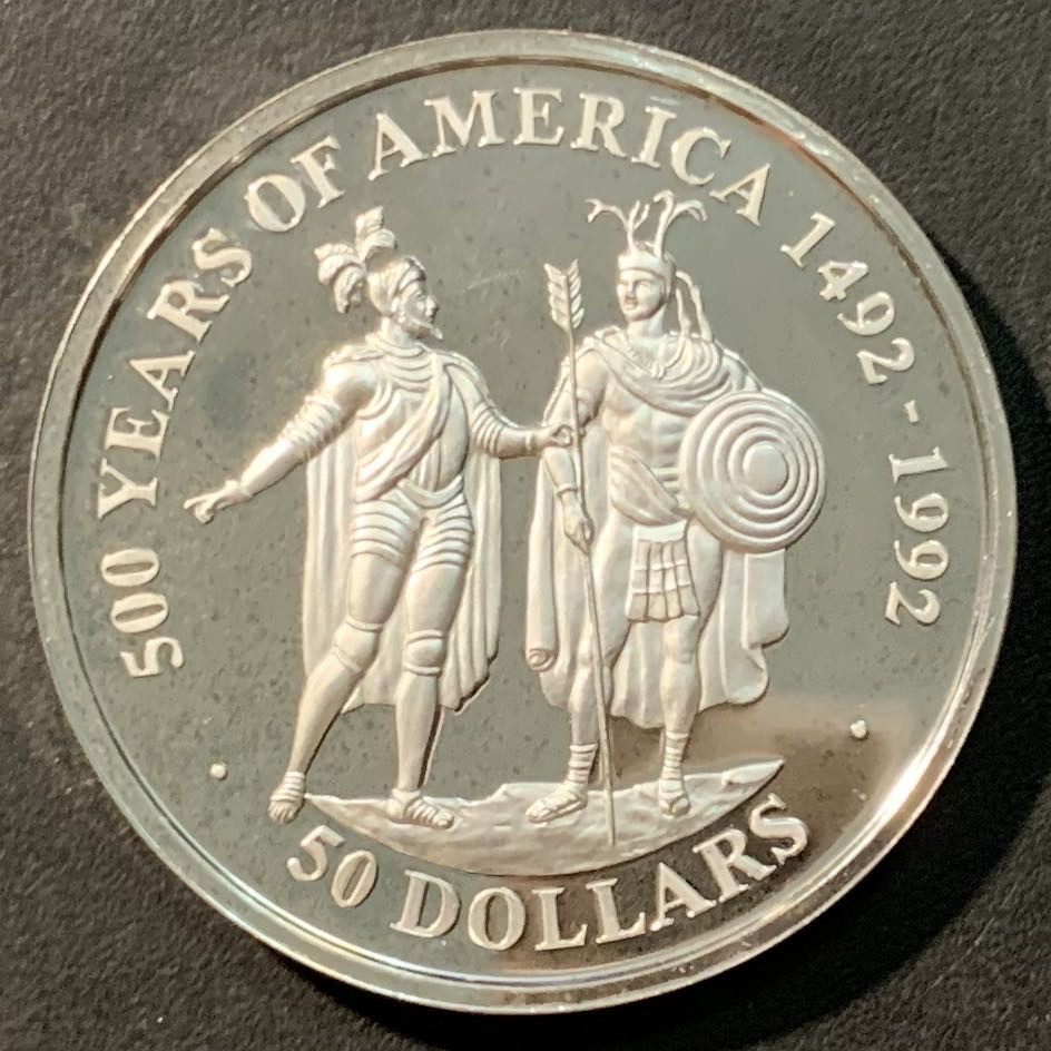 紫瑗钱币——微拍第98期 库克群岛 1990年 美洲发现500周年系列  科尔特斯和蒙特祖玛 50元 31.1克 0.925银 精制