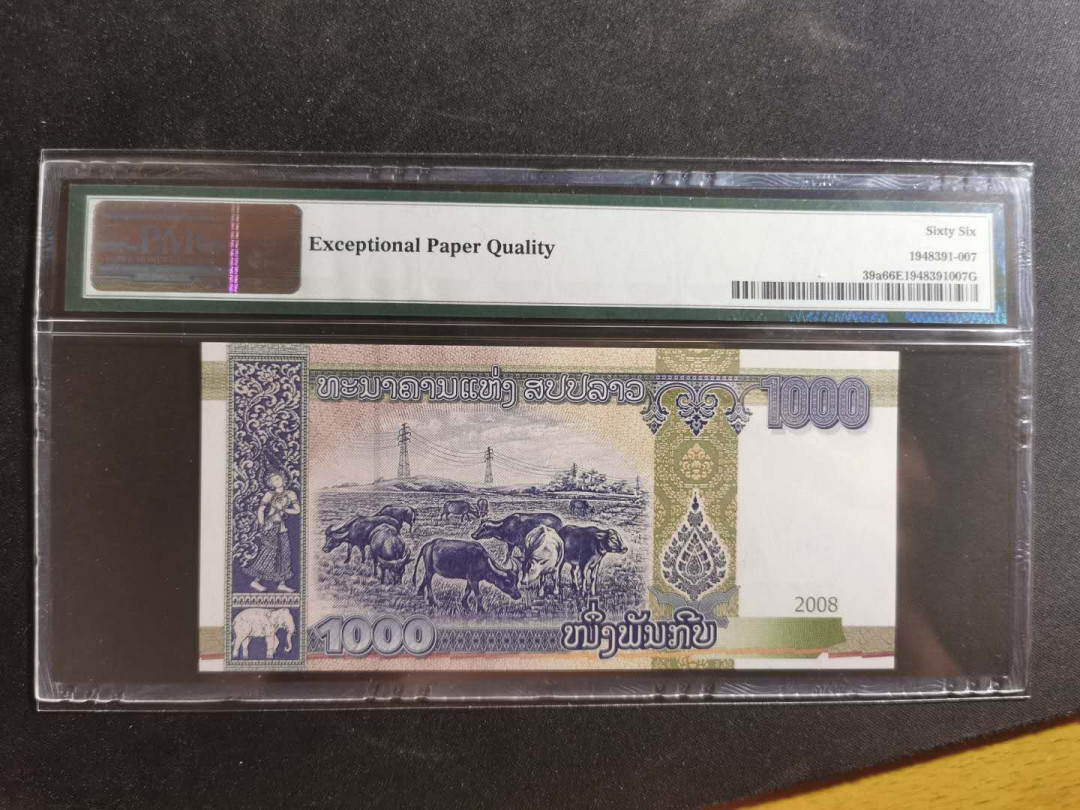 【鲸贝乐淘】千字文·第“孔怀兄弟，同气连枝”号拍卖 【老挝🇱🇦 】2008年1000基普，侵权回收版，AB冠稀有，PMG66E 