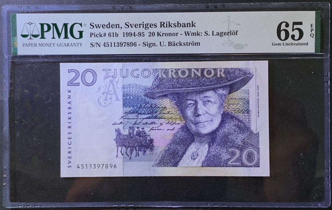 紫瑗钱币——微拍第99期—纸币场 瑞典 1994-1995年 骑鹅旅行记 20克朗 初版 PMG 65 EPQ （P-61b）