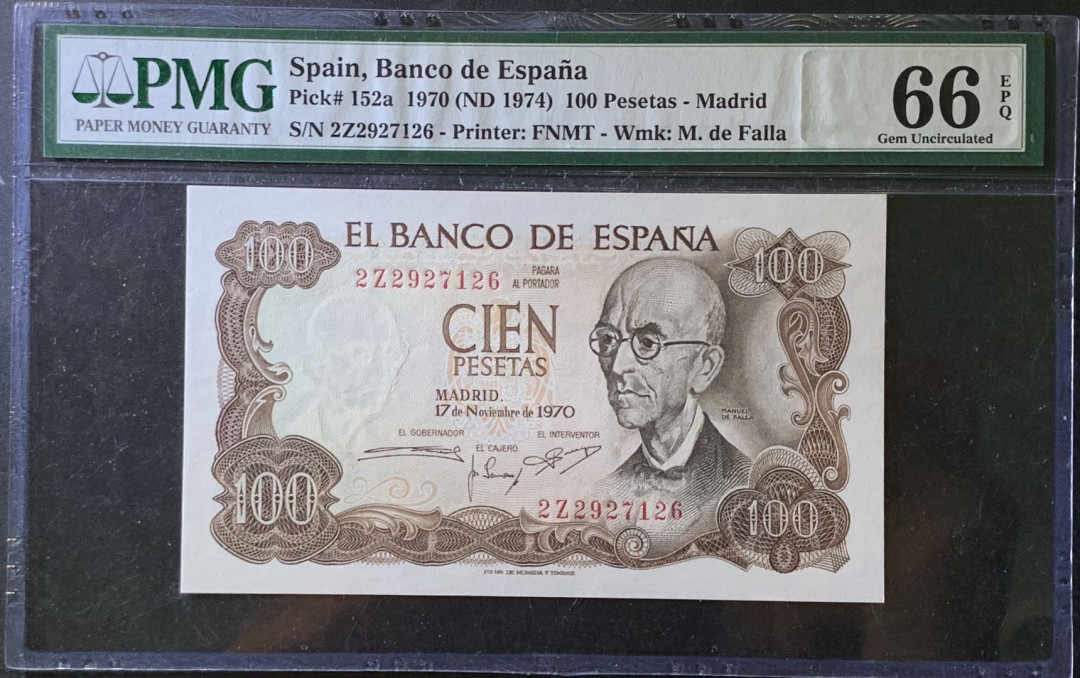 紫瑗钱币——微拍第99期—纸币场 西班牙 1970（1974）年 曼努埃尔·德法拉 100比塞塔 PMG 66 EPQ （P-152a）